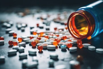 Close up of spilled pills from bottle