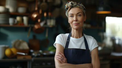 content and confident middle-aged female chef with a headscarf and apron, smiling and standing with crossed arms in a well-equipped kitchen