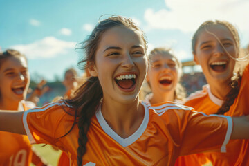 Excited young women from a soccer team jubilantly cheering their victory on the field.