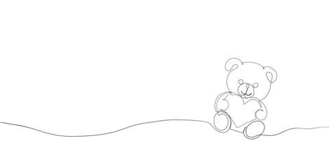 One line Teddy bear with heart. Continuous line cute animal with gift, romantic valentines day postcard, love concept print. Vector illustration