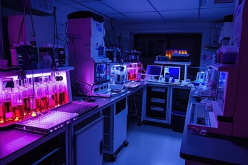 A busy laboratory filled with scientists conducting experiments and utilizing a wide range of lab equipment and instruments, Blood test lab with robotic automation, AI Generated