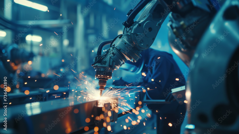 Poster industrial robot arm performing a task while a person in business attire is using a tablet