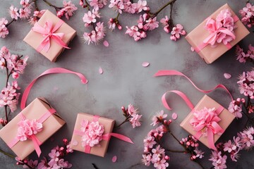 A collection of pink gift boxes neatly arranged on top of a table, creating an eye-catching display, Blossom flowers and birthday present boxes, AI Generated