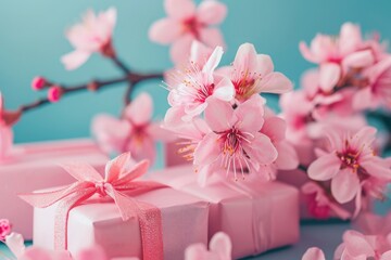 A pink gift box embellished with delicate pink flowers rests on a surface, Blossom flowers and birthday present boxes, AI Generated