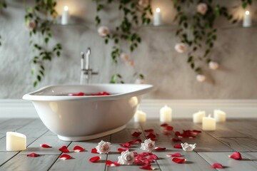 A beautiful relaxing bathroom with a tub and rose petals in the water and candles on the floor. Romantic bathroom or bath - Powered by Adobe