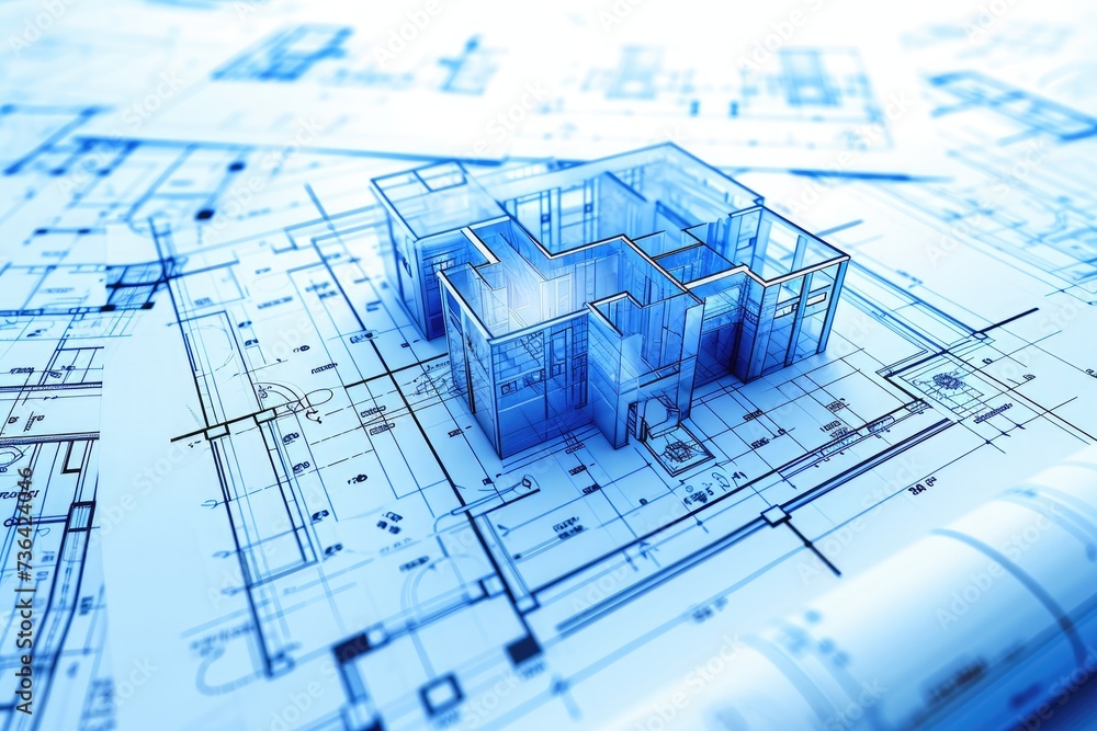 Poster a photograph showcasing a detailed blueprint of a two-story house placed on a stack of architectural