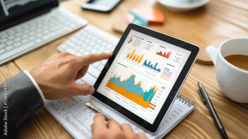 Poster person analyzing data on a tablet, with a focus on the hand touching the screen displaying colorful 