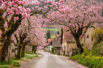A well-paved street is adorned with rows of trees, each covered in beautiful pink flowers,...