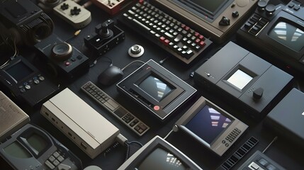 Overhead view of vintage electronic equipment and devices, an array of retro technology. captured in high-resolution. ideal for tech themes. AI