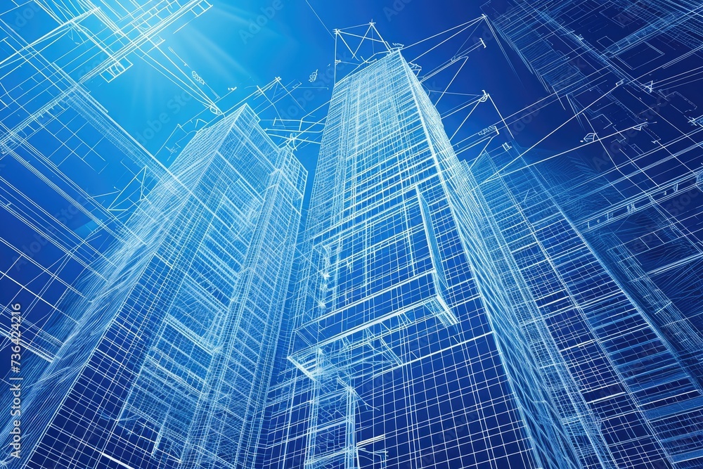 Poster a detailed blueprint showcasing the design and structure of a towering building in a bustling urban 