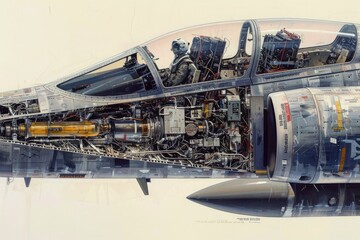 Detailed Drawing of a Jet Engine Installed in an Airplane, Breakaway view of a fighter plane showing internal components, AI Generated - obrazy, fototapety, plakaty