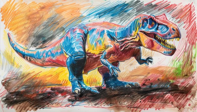 Tyrannosaurus rex. Colorful T rex, children's drawing in a drawing book using crayons