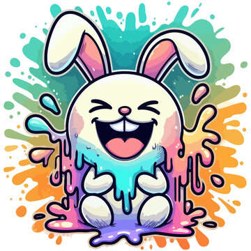 cute rabbit laughing while playing in colorful water