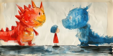 a child befriends two monsters. children's draw on drawing book using crayon	 - obrazy, fototapety, plakaty