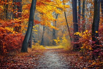 Fototapeta premium A winding path cuts through a dense forest filled with tall trees, creating a captivating scene, Bright, colorful autumn forest with a wandering path, AI Generated