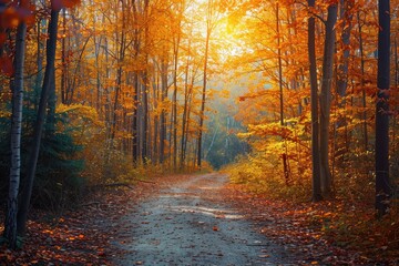Fototapeta premium A dirt road winds its way through the dense trees of a forest, creating a captivating scene of nature, Bright, colorful autumn forest with a wandering path, AI Generated
