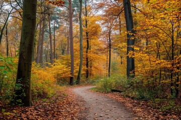 A dirt road cuts through the dense forest, providing a pathway for exploration and adventure, Bright, colorful autumn forest with a wandering path, AI Generated