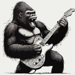 black and white, Gorilla is playing guitar