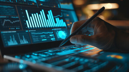 person's hand is holding a stylus over a laptop screen displaying various colorful data analytics and graphs.
