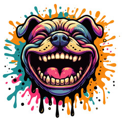 Pitbull dog laughing with colorful paint splashes