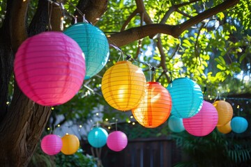 Fototapeta na wymiar A vibrant collection of paper lanterns hanging from the branches of a tree, Brightly-colored paper lanterns for an outdoor birthday party, AI Generated