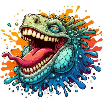 green dragon head on red background, Laughing iguana with gradient paint splashes