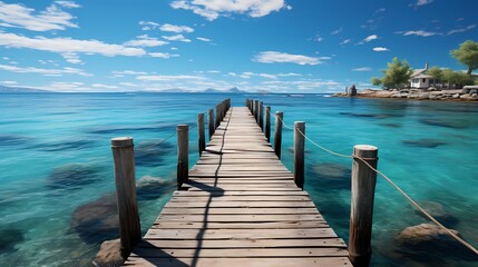 A tranquil cobalt blue ocean, with a wooden pier stretching out into the water, creating a picturesque scene