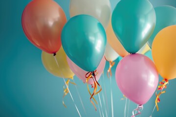 Numerous vibrant balloons fill the sky, floating gracefully in the air, creating a festive atmosphere, Bunch of balloons with ribbons floating in a brightly lit room, AI Generated