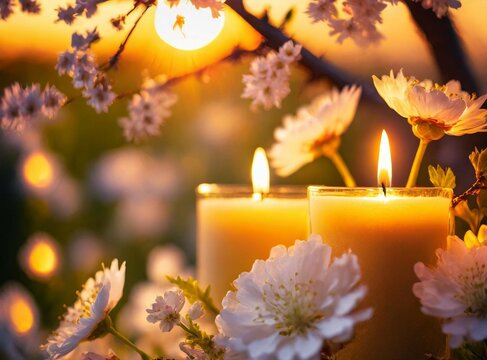 A serene spring equinox arrangement featuring lit candles