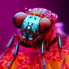 Macro shot of a fly on an orange flower with purple background
