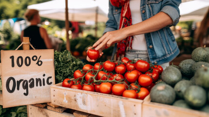 person is selecting a ripe tomato from a crate labeled "100% Organic" at an outdoor farmers market.