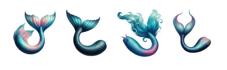Mythical Mermaid Tails Collection: Enchanting Fins, Scales, Flukes, Water Wings, and Siren Tails with a Transparent PNG Background. Pen tool premium cutout.  - obrazy, fototapety, plakaty