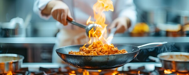 Experienced chef expertly flambing a delectable dish in a bustling restaurant kitchen. Concept...