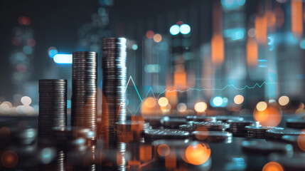 Stacked coins in various denominations with a digital stock market display in the background, all set against a bokeh of city lights, illustrating concepts of finance and investment.