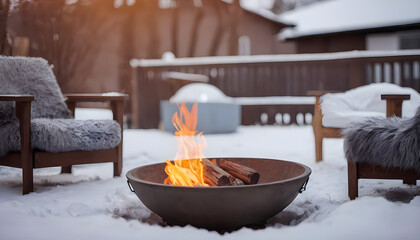 Fire pit close-up on blurred Cozy backyard With sitting area background in winter - obrazy, fototapety, plakaty
