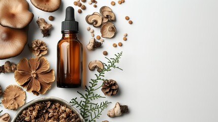 Obraz na płótnie Canvas Mushrooms encircling a brown supplement medicine bottle over a white backdrop space, Generative AI.