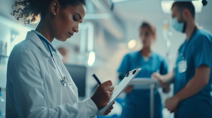 A healthcare professional using a digital tablet in a hospital corridor. - obrazy, fototapety, plakaty