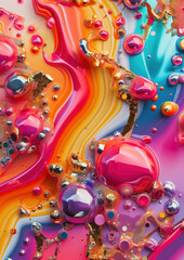 Colorful abstract background with oil drops and metal pieces in colorful paint. 
