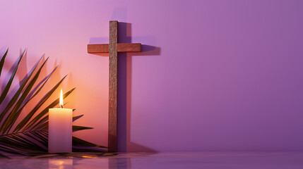 Wooden cross, candle and palm leaves on purple background