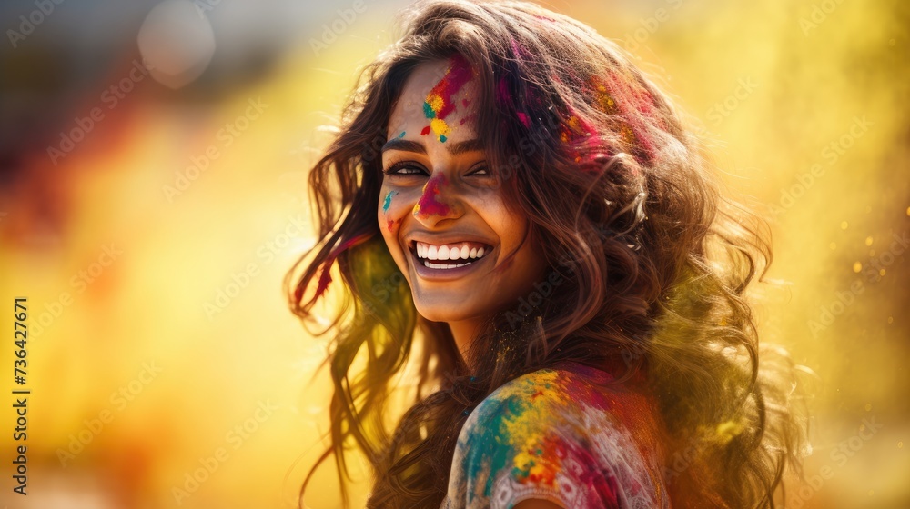 Wall mural young woman celebrating holi festival outdoors. Fun with colours. A vibrant splash of colors