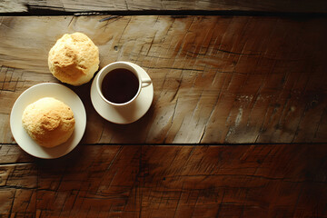 design for cafe ad, coffee and scone, french cookie. delight. minimalistic. fresh coffee in the morning. breakfast. copy space. pastry