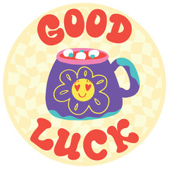 Groovy cartoon coffee cup with smile flower illustration. Funny mug in 70s style. Retro coffee or tea mascot and cartoon sticker of 60s 70s style vector illustration