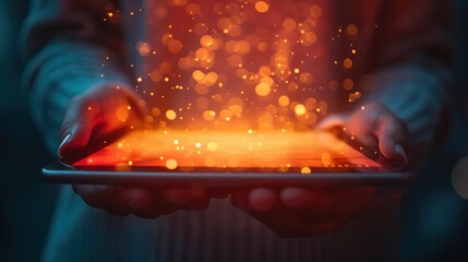 Close-up of hands holding a tablet from which an abstract pattern of sparkling light particles is emanating, symbolizing digital interaction.