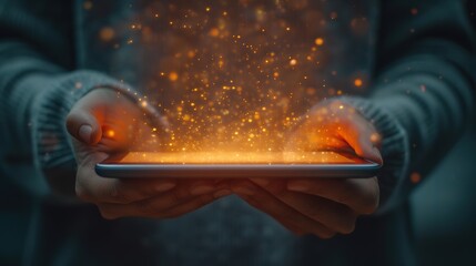 A person's hands cradle a tablet from which a mesmerizing burst of golden light particles is being emitted, creating an enchanting visual effect.