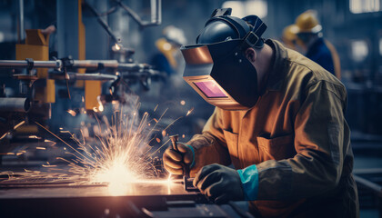 Metalworker do welding in the workshop. Protective mask and sparks. Craft production, work concept