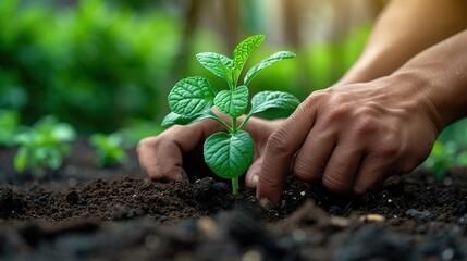 Two hands carefully supporting a young sprout with verdant leaves, planting it in the moist, nutrient-rich soil of a thriving garden.