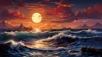 Crédence de cuisine en verre imprimé Réflexion A tranquil cobalt blue ocean with gentle waves, reflecting the golden hues of the setting sun