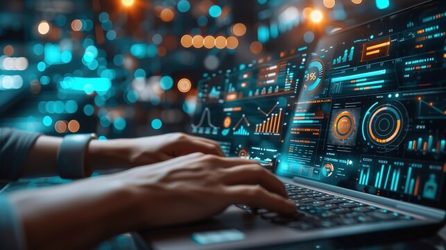 A user interacts with a futuristic data analysis interface on a laptop, suggesting advanced computing and sophisticated analytics technology.