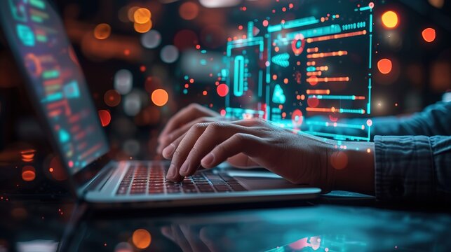 Hands type on a laptop that projects a holographic interface, symbolizing advanced programming and futuristic software development in a vibrant tech environment.