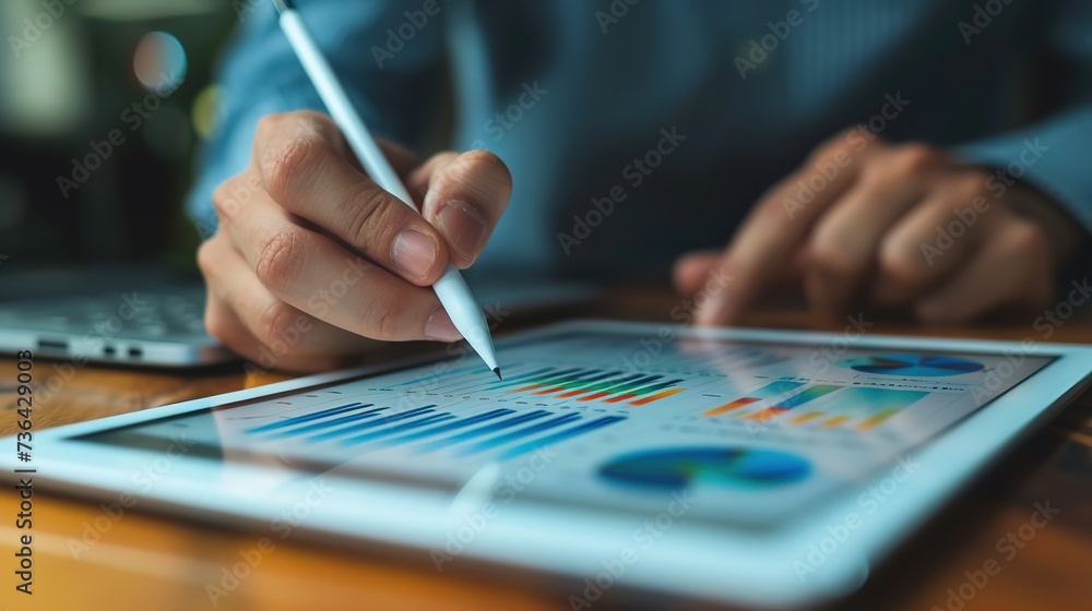 Poster businessperson using a stylus to navigate complex graphs and charts on a tablet, focusing on financi